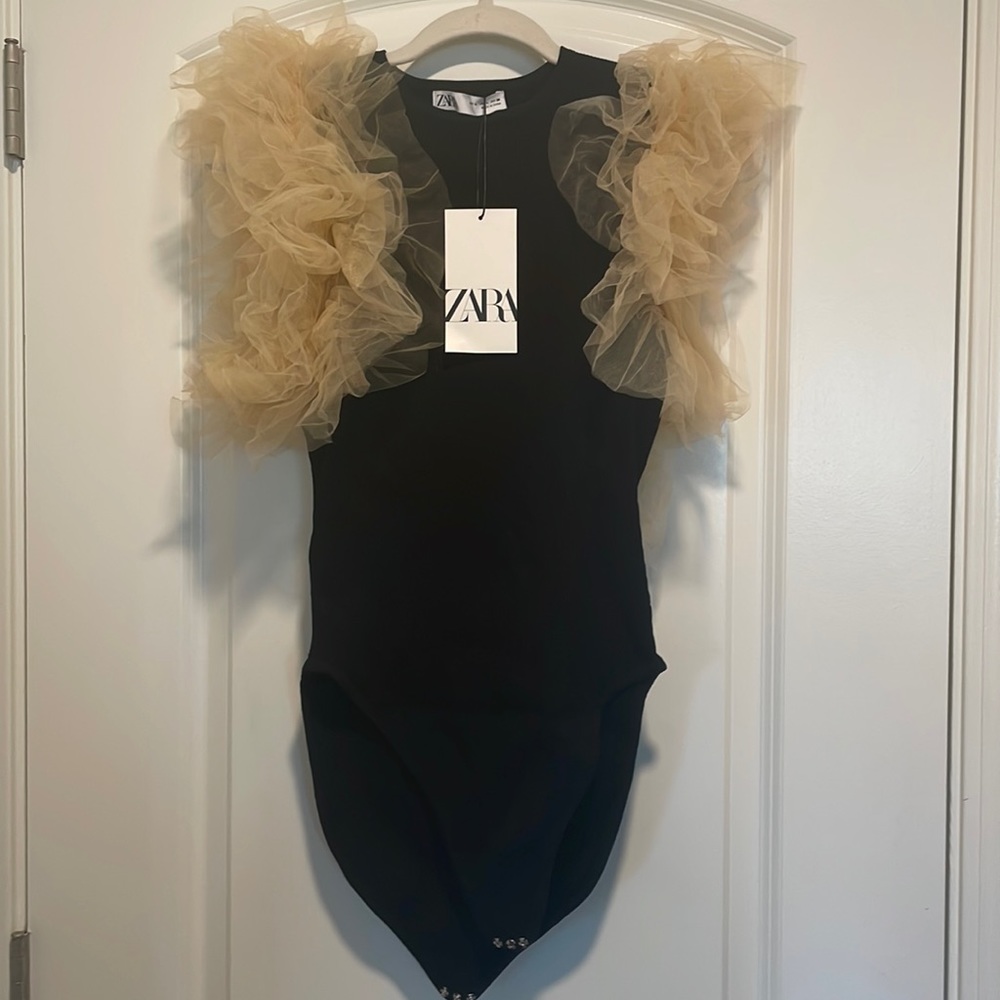 Zara Black Bodysuit with Beige Ruffle Sleeves